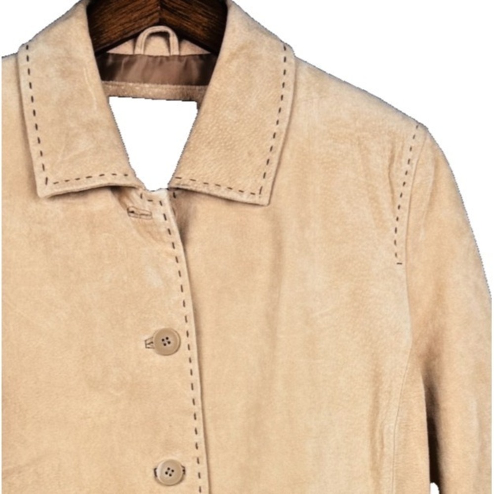 Bernardo Womens Suede Leather Jacket Tan Beige Whipstitch Button Front Large